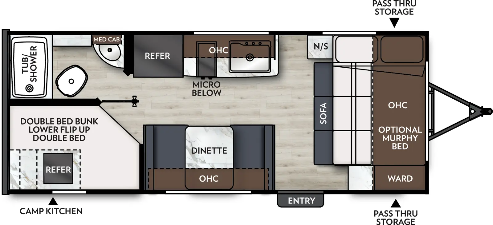 The Apex Nano 186BH floorplan has one entry and zero slide outs. Exterior features include: fiberglass exterior, 15' awning and outside kitchen. Interiors features include: bunk beds and murphy bed.